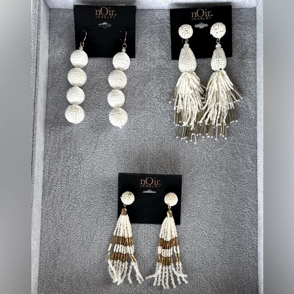 NWT Lot of 3 nOir Jewelry White Beaded Dangle and Tassel Earrings